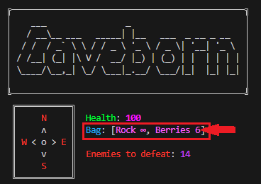 Image highlighting location of player bag with example items